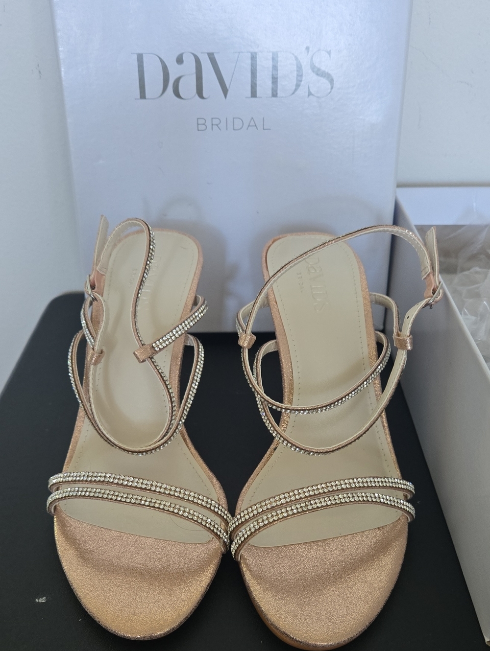 David's Bridal Rose Gold Evening Sandals with Crystal Straps